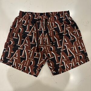 AMIRI Logo Swim Shorts Brown Black White Elastic Waist Drawstring Men's Medium